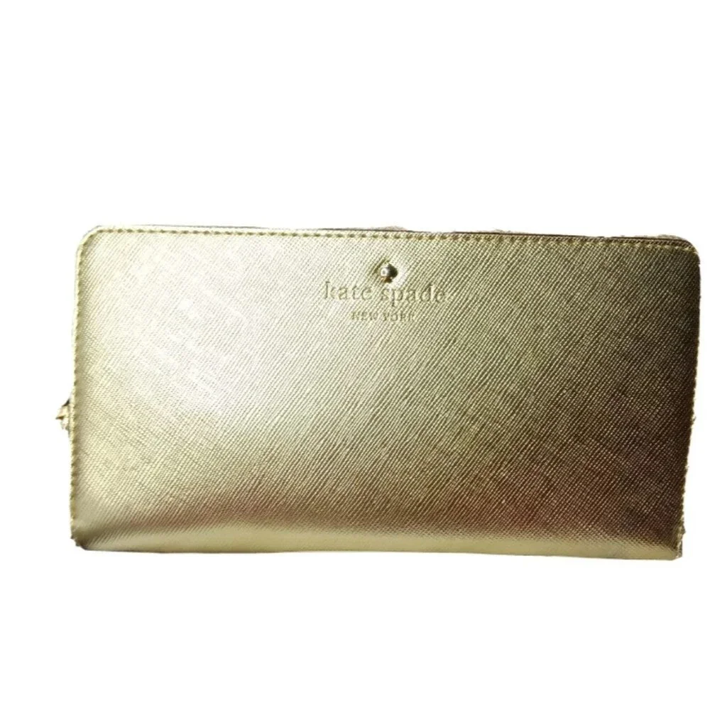 Kate Spade Large Zip Around Wallet Gold Saffiano Leather Retail $195